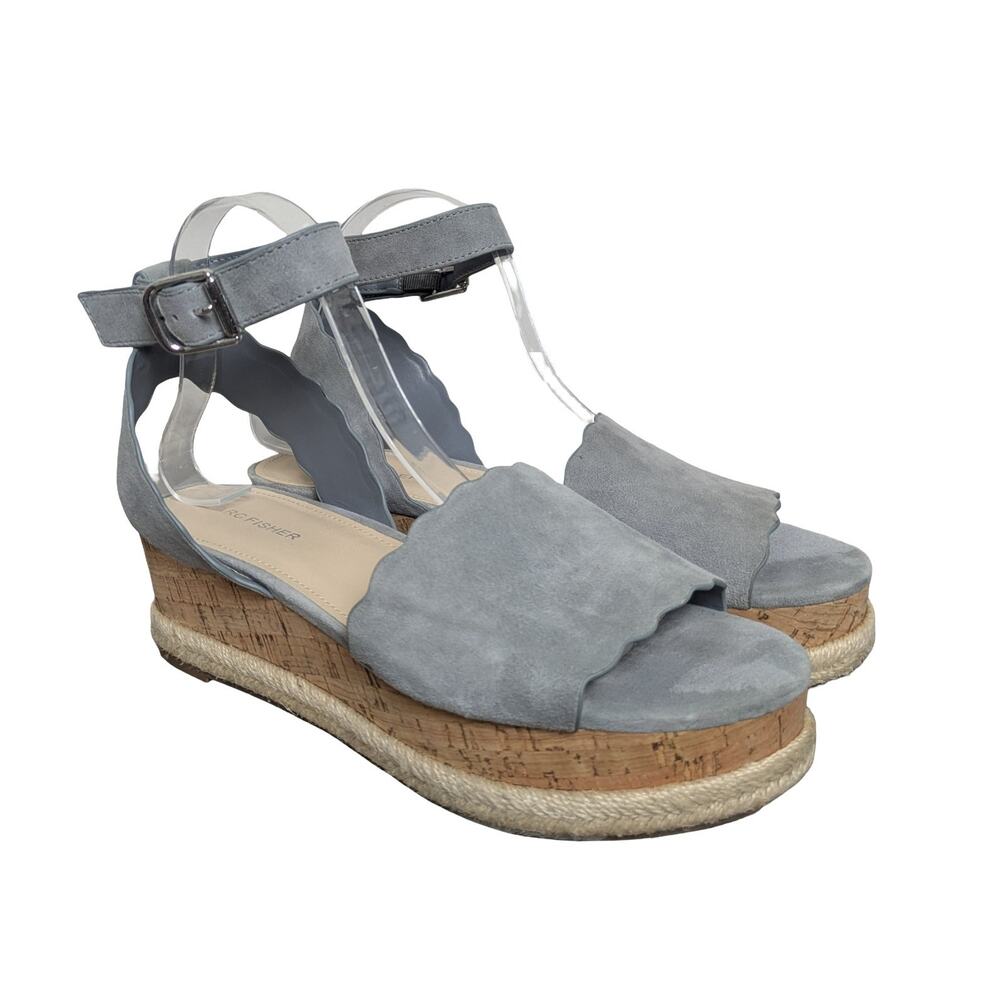 Marc Fisher Blue Suede Faitful Scalloped Wedge Espadrilles 8.5